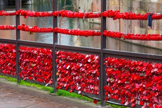 Countless red love locks on railings, Little Venice, Petite Venise, Der Fischerstaden, Colmar,
