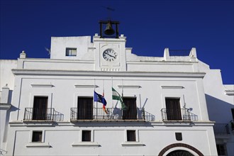 Ayuntamiento town hall in traditional whitewashed buildings in Vejer de la Frontera, Cadiz