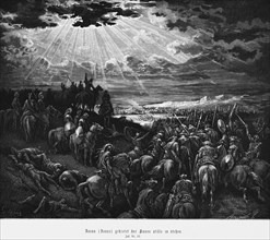 Joshua commands the sun to stand still, Book of Joshua, chapter 10, armies, warriors, horsemen,