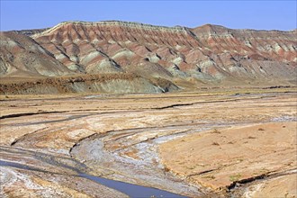 Semi-arid Azerbaijan shrub desert landscape showing mountain with sediment layers and riverbed,