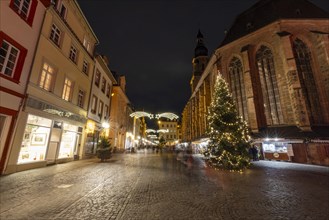 Christmas lights in the main street, Heiliggeistkirche, market square, Heidelberg,