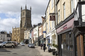 Church and historic buildings in town centre, Cirencester, Gloucestershire, England, UK