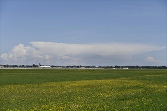 Overview airport with thundercloud in storm front in the background, Munich Airport, Upper Bavaria,