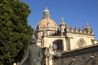 Cathedral church in Jerez de la Frontera, Cadiz province, Spain with Tio Pepe statue