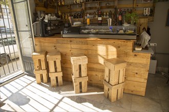 Hotel bar furniture made from wooden pallets, Jerez de la Frontera, Spain, Europe