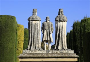 Columbus, King Ferdando and Queen Isabel statues in garden of Alcazar, Cordoba, Spain, Alcazar de