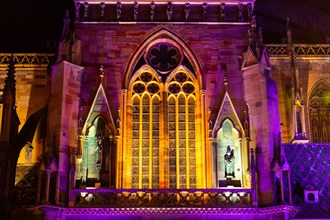 Illuminated detail of a Gothic church, Collegiale Sant Martin de Colmar, Colmar, Alsace, France,