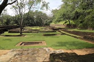 Archeological remains in water gardens of Sigiriya rock palace, Central Province, Sri Lanka, Asia