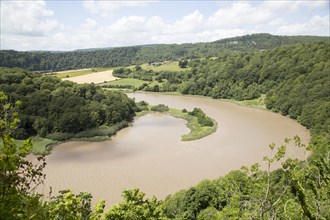 View north towards Lancaut over incised meander, gorge and river spit, River Wye, near Chepstow,