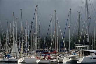 Dense sailboats in the harbour of Horta under a threatening stormy sky, Horta, Faial Island,