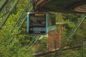 A suspension railway runs through an area of lush greenery and steel structures, suspension