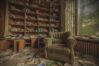 An abandoned room with an overfilled bookshelf and an old armchair, urologist's villa Dr Anna L.,