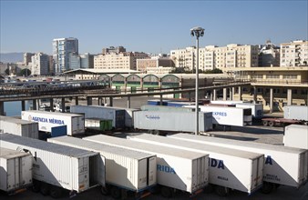 Vehicle containers on the quayside in the port of Malaga, Spain, Europe