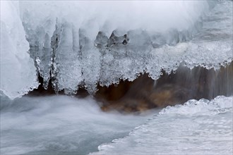 Ice formation along mountain stream in the snow in winter in the Gran Paradiso National Park, Valle