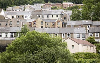 Terraced housing on hillside, Abertillerry, Blaenau Gwent, South Wales, UK