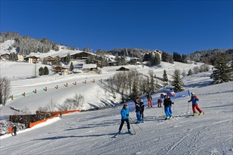 Skiers on a ski slope, Corvara ski resort, Kurfar, Alta Badia winter sports area, Dolomites, South
