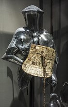 Medieval jousting armour with bascinet and ivory shield