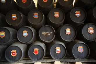 Oak barrels with national symbols of countries exported to from Gonzalez Byass bodega, Jerez de la