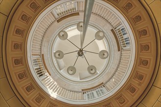 Underside of a large ceiling dome with fine geometric patterns and central lighting, Schachtrupp
