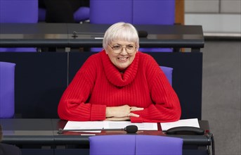 Claudia Roth, Minister of State for Culture and the Media laughs during a speech in the German