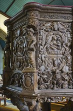 Carvings on the pulpit, Enclos Paroissial enclosed parish of Guimiliau, Finistere Penn ar Bed
