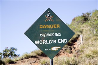 Sign warning of danger at World's End cliff at Horton Plains national park, Sri Lanka, Asia
