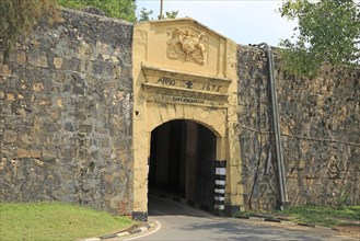 Main gate entrance in walls of historic Fort Frederick, Trincomalee, Sri Lanka, Asia dated 1675