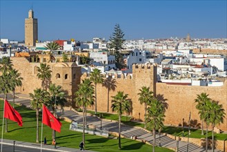 City walls of the Kasbah of the Udayas, Oudaias and Minaret of the Old Mosque in the capital Rabat