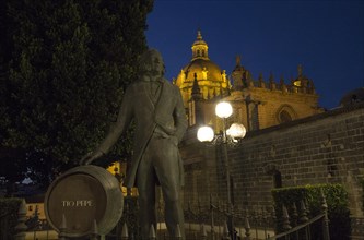 Cathedral church in Jerez de la Frontera, Cadiz province, Spain with Tio Pepe statue at night