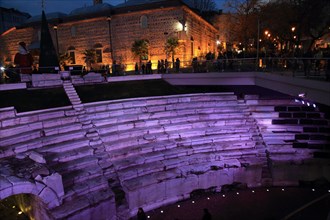 Roman stadium steps illuminated at night, city centre of Plovdiv, Bulgaria, Europe
