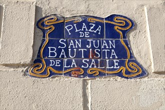 Close up of ceramic tiles sign Plaza de San Juan Bautista de la Salle, Melilla autonomous city