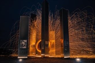 Long exposure with light trails around modern sculptures at night, memorial of the Second World