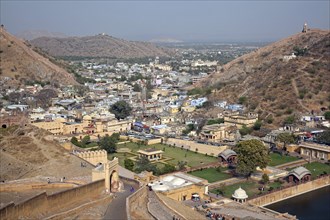 The town of Jaipur seen from Amer Fort, Amber Fort, palace in red sandstone at Amer near Jaipur,