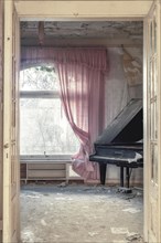 A damaged grand piano in a dilapidated room with tattered pink curtains and dust, urologist's villa