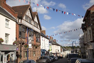 Frontages of historic buildings in town centre of Abergavenny, Monmouthshire, South Wales, UK