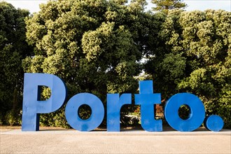 Blue Porto sign in the urban park, Porto, Oporto, Portugal, Europe