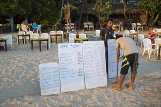 Menu boards for beach bar restaurant, Mirissa, Sri Lanka, Asia
