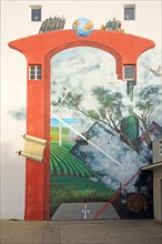 Mural Tor zur Welt by Klaus Klinger 1999, street art, graffiti, scroll, earth globe, figures,