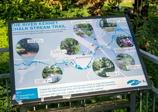 Information panel about the River Kennet chalk stream trail, Marlborough, Wiltshire, England, UK