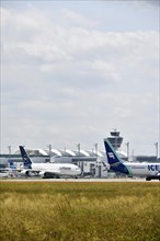Lufthansa Airbus A380-800 with Iceland Air in front of Terminal 2, Munich Airport, Upper Bavaria,