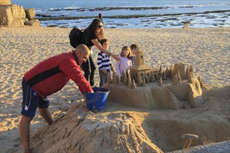 Sandcastle structure on sandy beach, La Caleta, Cadiz, Spain, Europe
