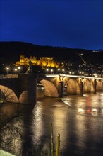 Old bridge and castle at the blue hour, Heidelberg, Baden-Wuerttemberg, Germany, Europe