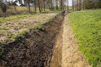 Newly excavated straight drainage ditch, Sutton, Suffolk, England, UK