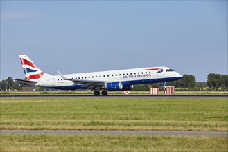 British Airways CityFlyer Embraer E190SR with registration G-LCYR lands on the Polderbaan,