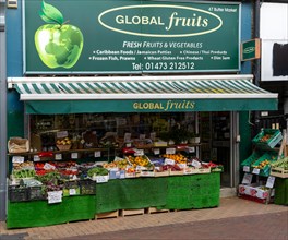Greengrocer shop in town centre, Global Fruits, Ipswich, Suffolk, England, UK