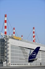 Lufthansa Airbus A380-800 tail fin with vertical stabiliser in the Lufthansa Technik maintenance