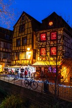 Historic houses with Christmas lights, Christmas decorations, Christmas market, half-timbered