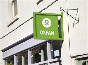 Oxfam charity shop sign, Corsham, Wiltshire, England, Uk
