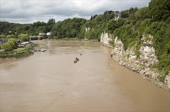 Cliff and meander loop of River Wye at Chepstow, Monmouthshire, Wales, UK