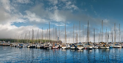 Reflection of sailboat masts in the water of the marina of Horta, Horta, Faial Island, Azores,